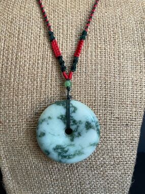 Green & white genuine moss agate Donut Pendant Necklace